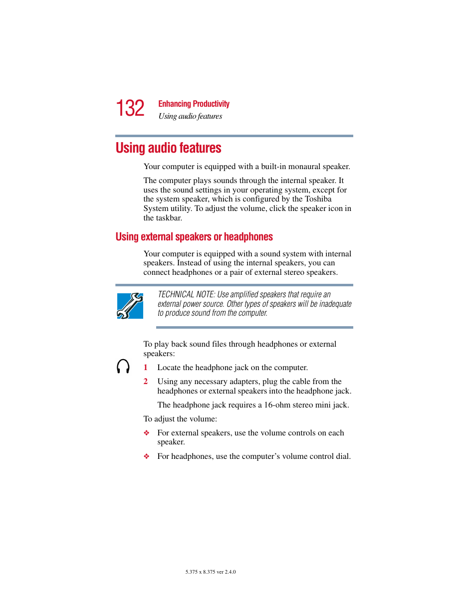 Using audio features, Using external speakers or headphones | Toshiba PORT User Manual | Page 132 / 243