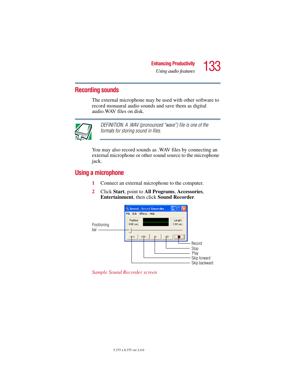 Recording sounds, Using a microphone, Recording sounds using a microphone | Toshiba PORT User Manual | Page 133 / 243