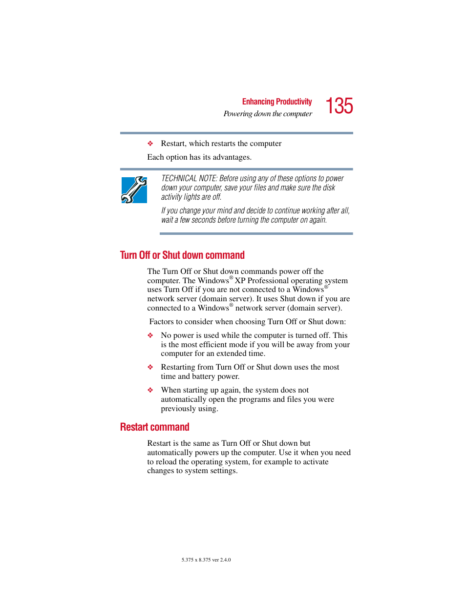 Turn off or shut down command, Restart command, Turn off or shut down command restart command | Toshiba PORT User Manual | Page 135 / 243