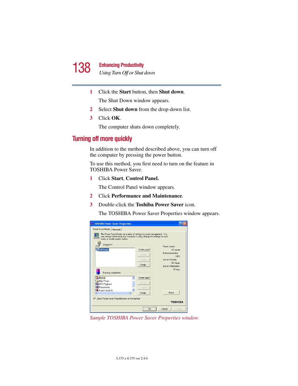 Turning off more quickly | Toshiba PORT User Manual | Page 138 / 243