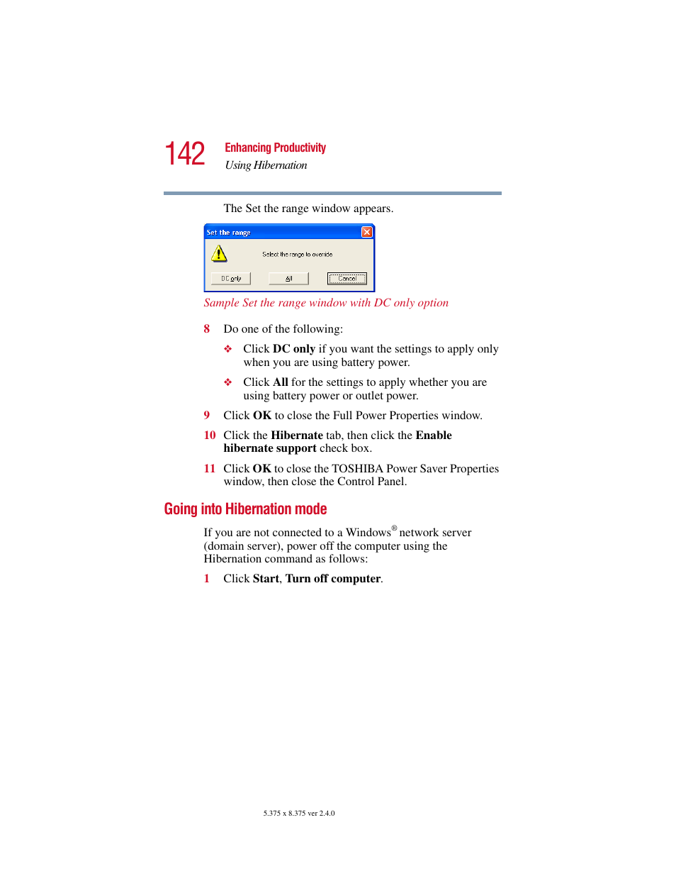 Going into hibernation mode | Toshiba PORT User Manual | Page 142 / 243