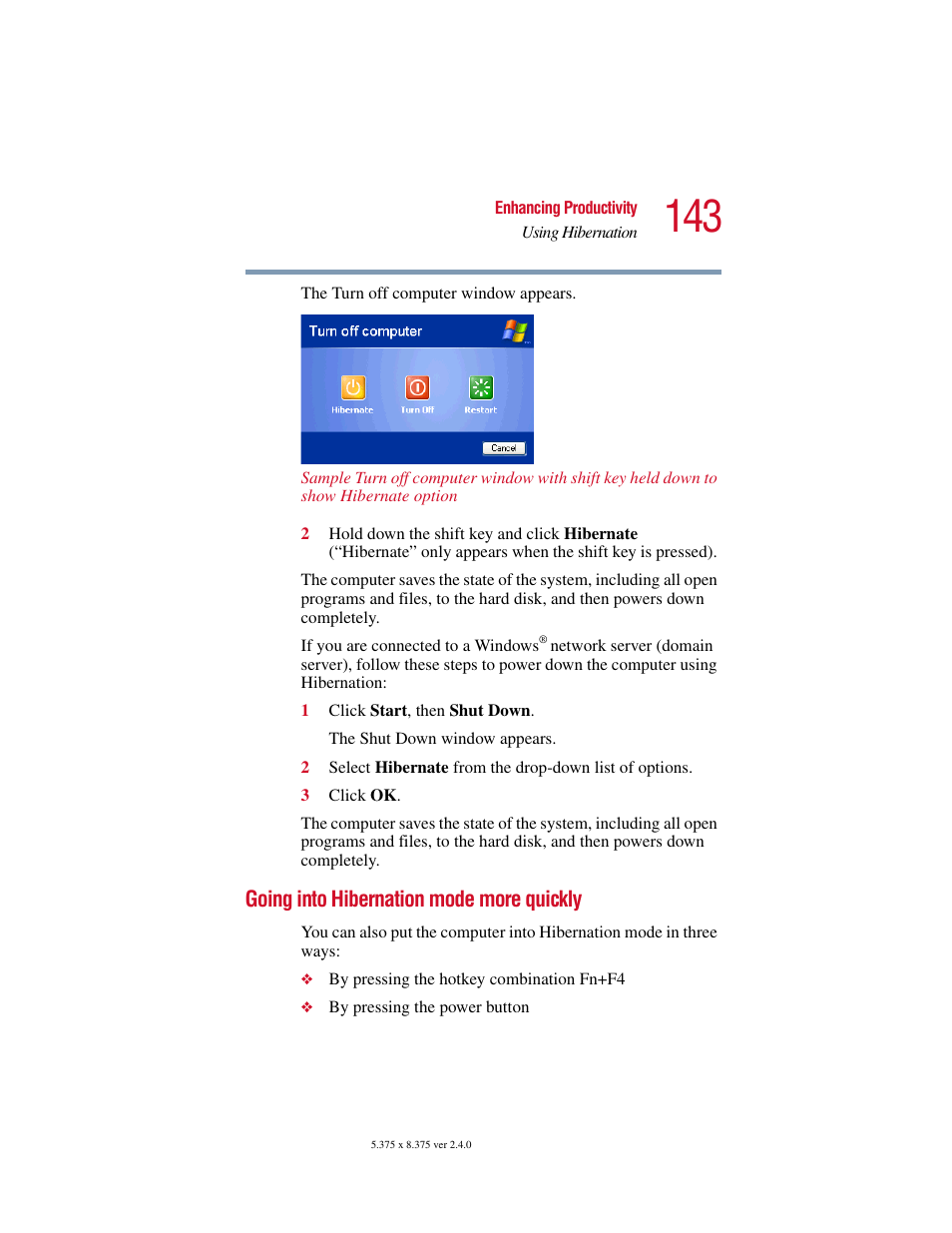 Going into hibernation mode more quickly | Toshiba PORT User Manual | Page 143 / 243