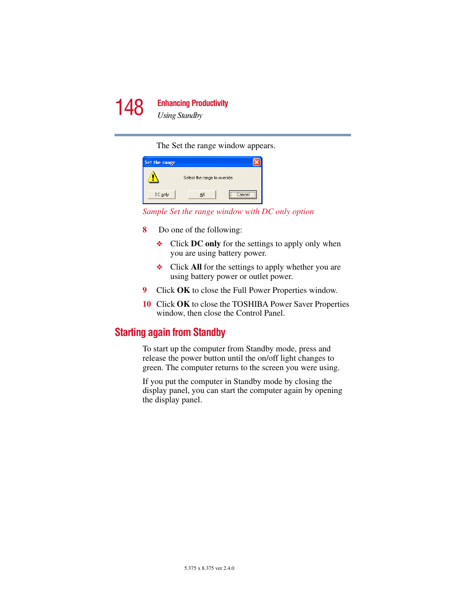 Starting again from standby | Toshiba PORT User Manual | Page 148 / 243