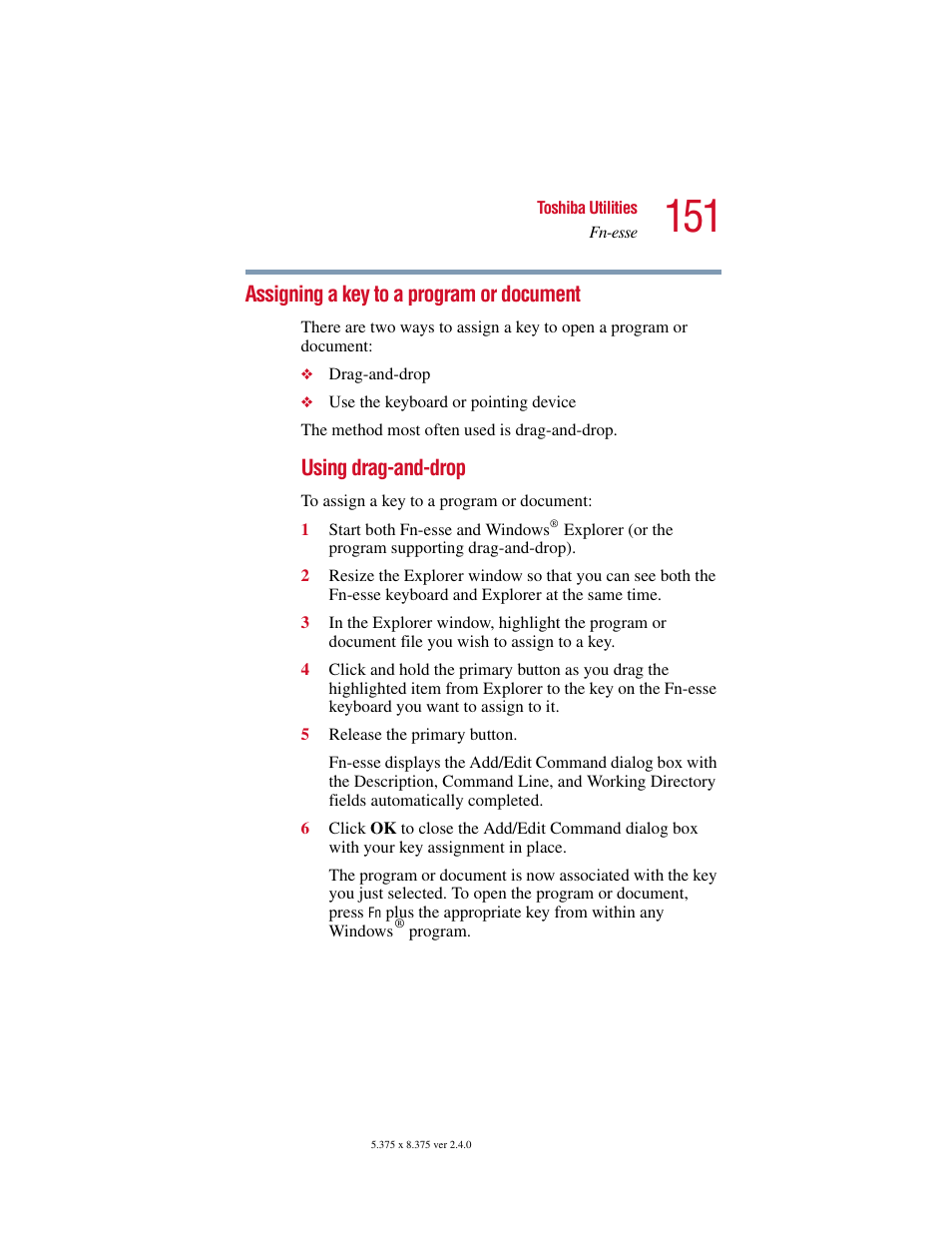 Assigning a key to a program or document, Using drag-and-drop | Toshiba PORT User Manual | Page 151 / 243