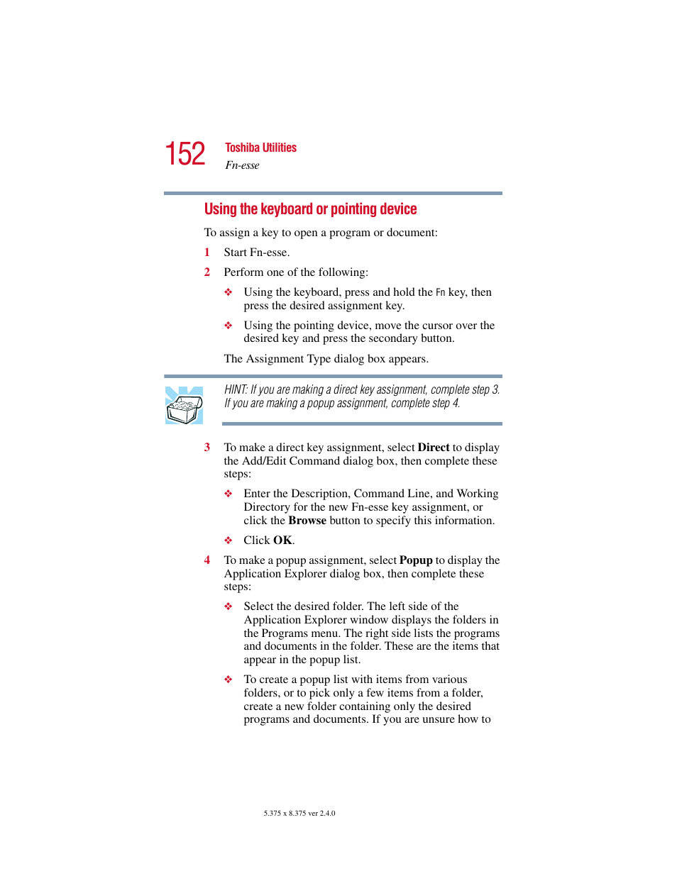 Using the keyboard or pointing device | Toshiba PORT User Manual | Page 152 / 243