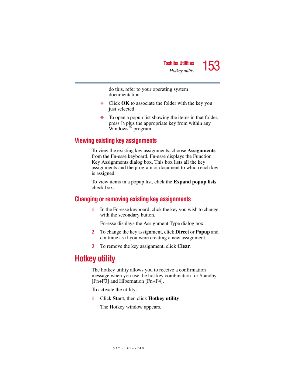 Viewing existing key assignments, Changing or removing existing key assignments, Hotkey utility | Assignments | Toshiba PORT User Manual | Page 153 / 243