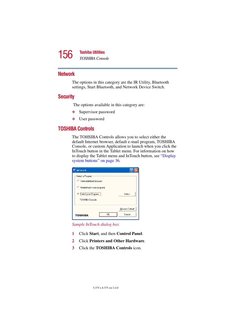 Network, Security, Toshiba controls | Network security toshiba controls | Toshiba PORT User Manual | Page 156 / 243