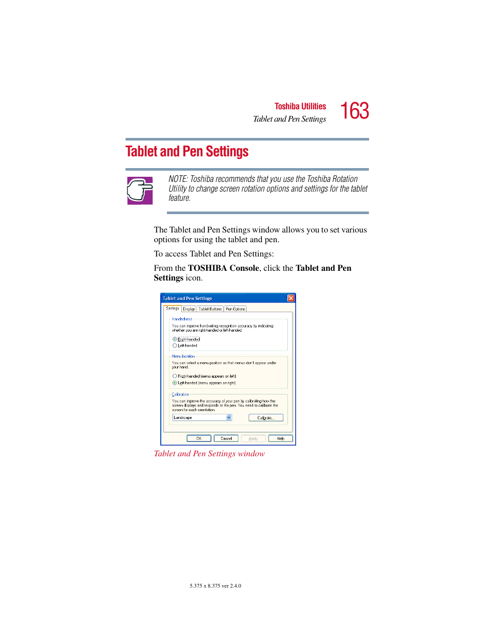 Tablet and pen settings | Toshiba PORT User Manual | Page 163 / 243