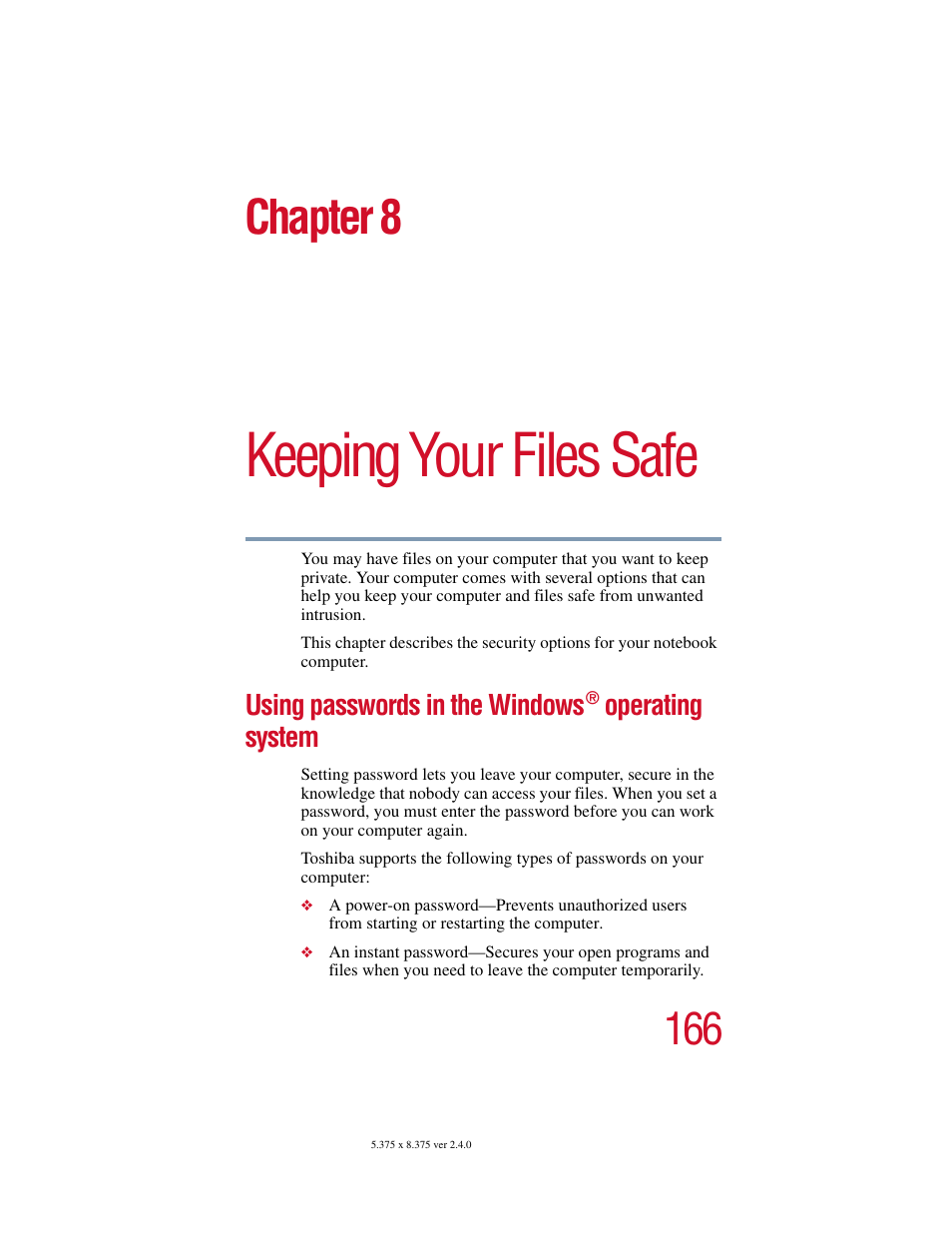 Chapter 8 - keeping your files safe, Using passwords in the windows® operating system, Chapter 8: keeping your files safe | Using passwords in the windows, Keeping your files safe, Chapter 8, Operating system | Toshiba PORT User Manual | Page 166 / 243