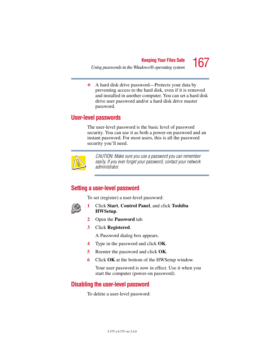 User-level passwords, Setting a user-level password, Disabling the user-level password | Toshiba PORT User Manual | Page 167 / 243