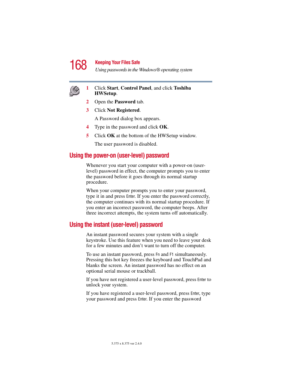 Using the power-on (user-level) password, Using the instant (user-level) password | Toshiba PORT User Manual | Page 168 / 243