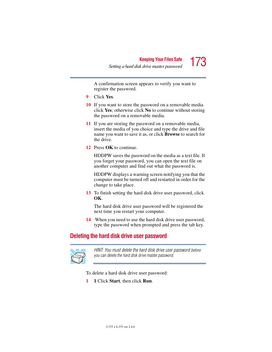 Deleting the hard disk drive user password | Toshiba PORT User Manual | Page 173 / 243