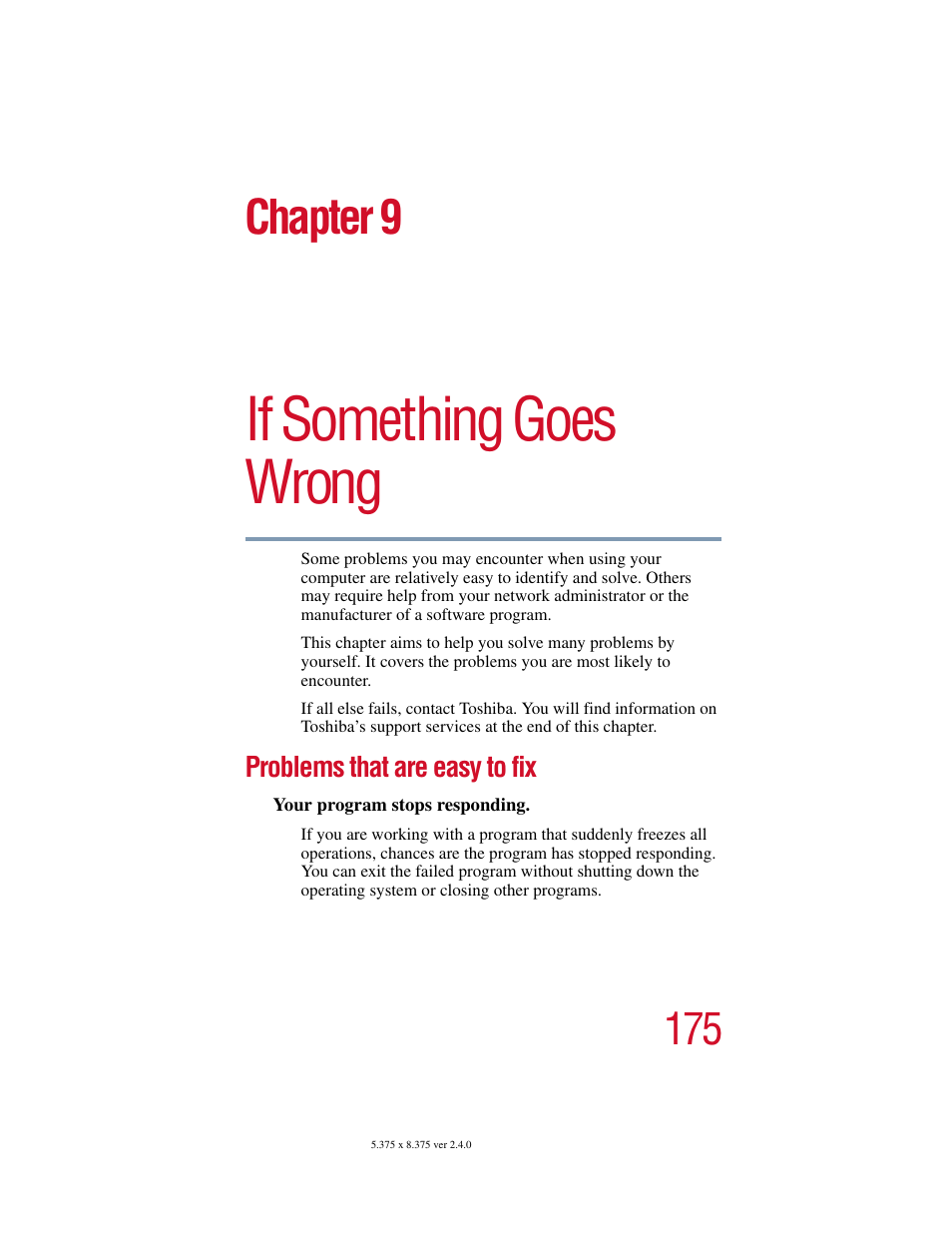 Chapter 9 - if something goes wrong, Problems that are easy to fix, Chapter 9: if something goes wrong | Shiba, see, If something goes wrong, Chapter 9 | Toshiba PORT User Manual | Page 175 / 243