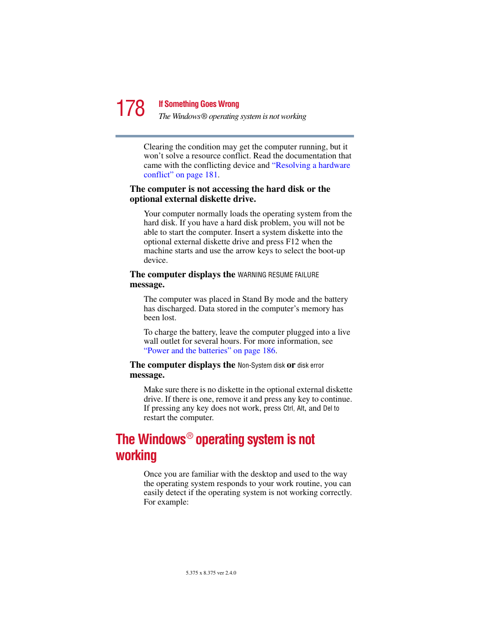 The windows® operating system is not working, The windows, Operating system is not working | Toshiba PORT User Manual | Page 178 / 243