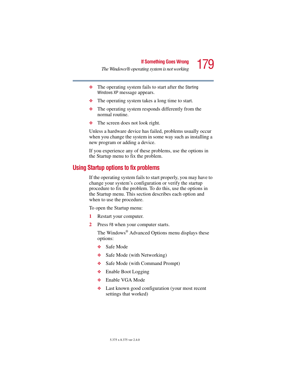 Using startup options to fix problems | Toshiba PORT User Manual | Page 179 / 243