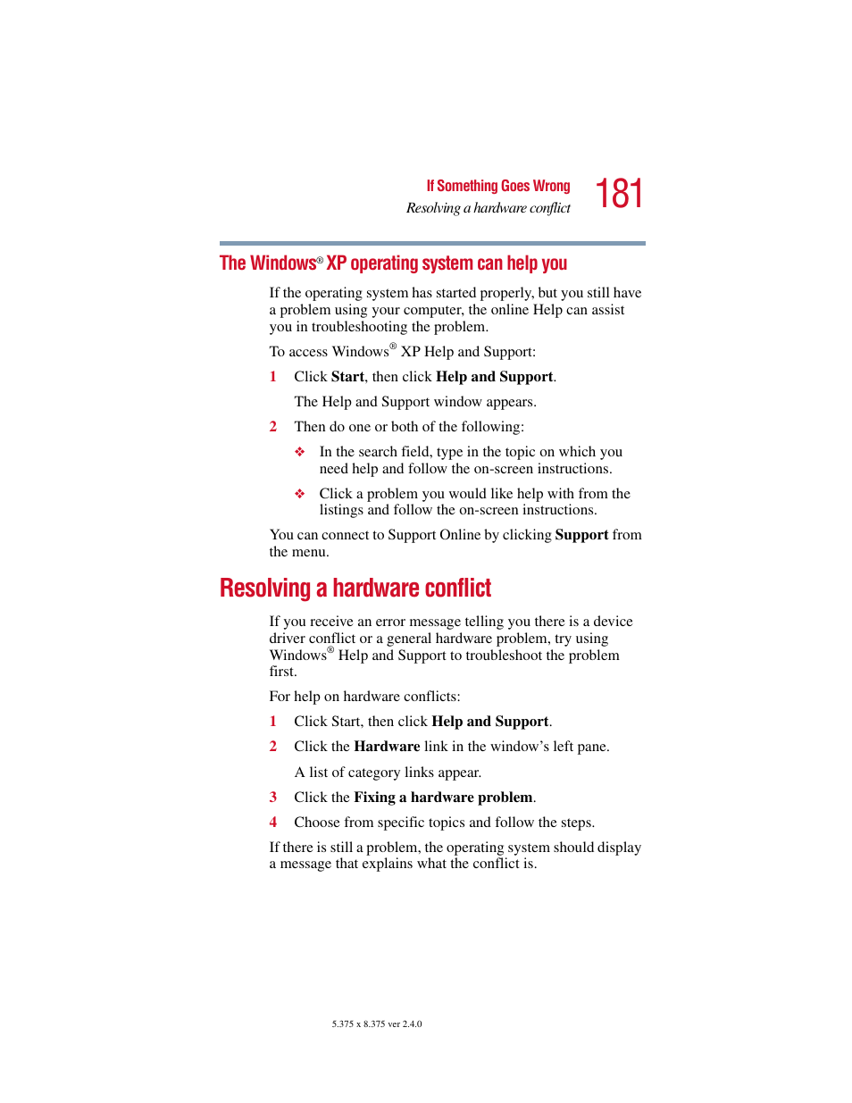 The windows® xp operating system can help you, Resolving a hardware conflict, The windows | Xp operating system can help you | Toshiba PORT User Manual | Page 181 / 243