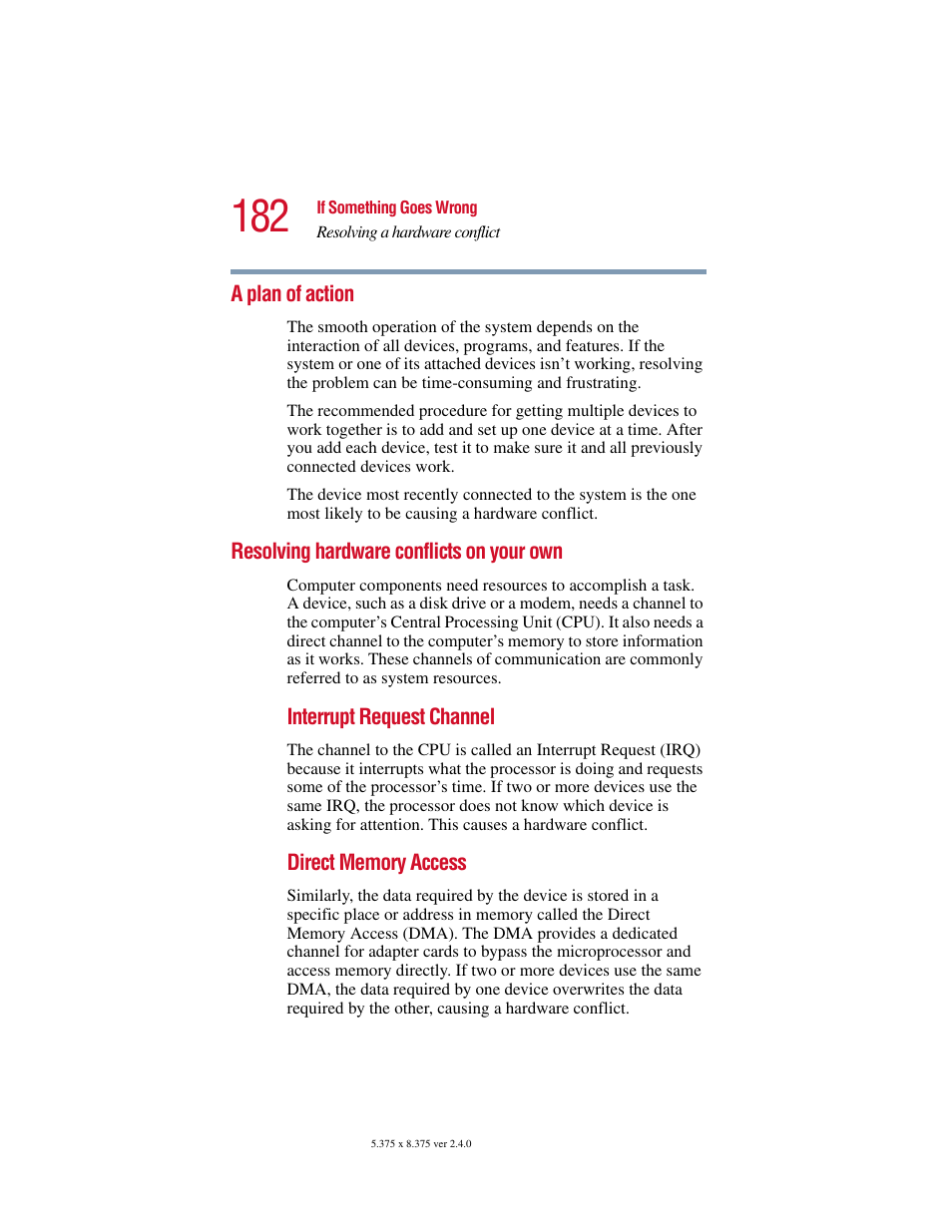 A plan of action, Resolving hardware conflicts on your own | Toshiba PORT User Manual | Page 182 / 243