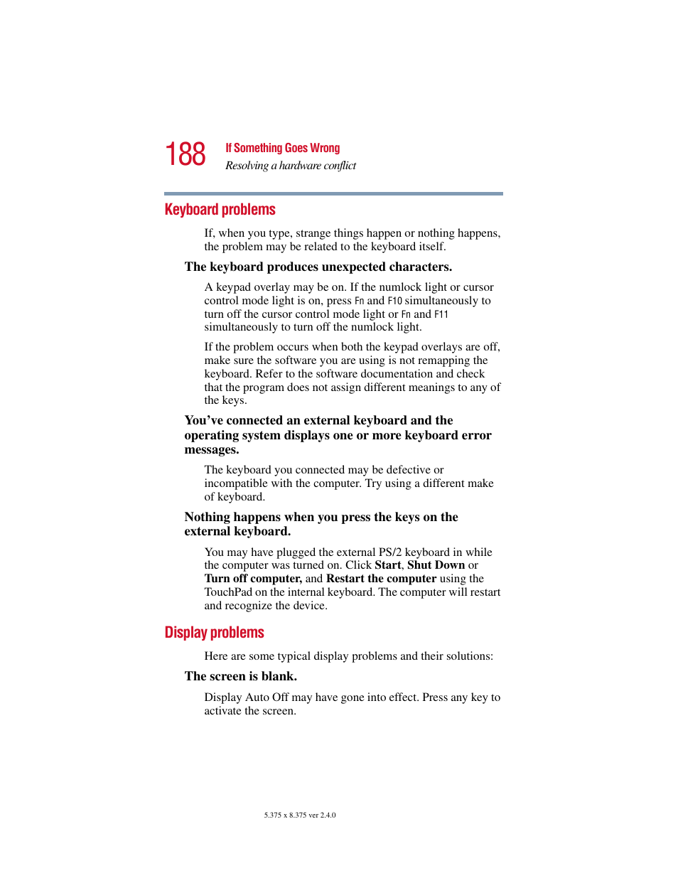 Keyboard problems, Display problems, Keyboard problems display problems | Toshiba PORT User Manual | Page 188 / 243