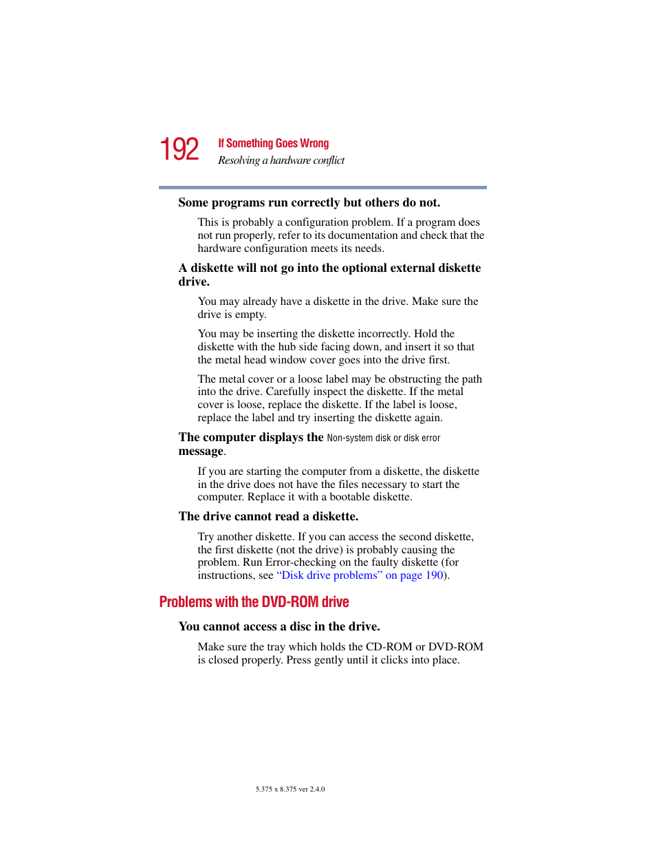 Problems with the dvd-rom drive, Problems | Toshiba PORT User Manual | Page 192 / 243