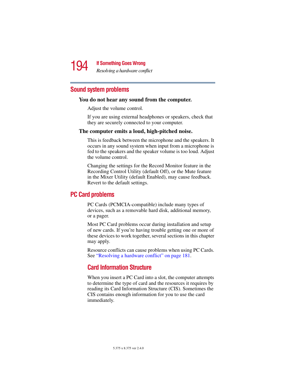 Sound system problems, Pc card problems, Sound system problems pc card problems | Toshiba PORT User Manual | Page 194 / 243