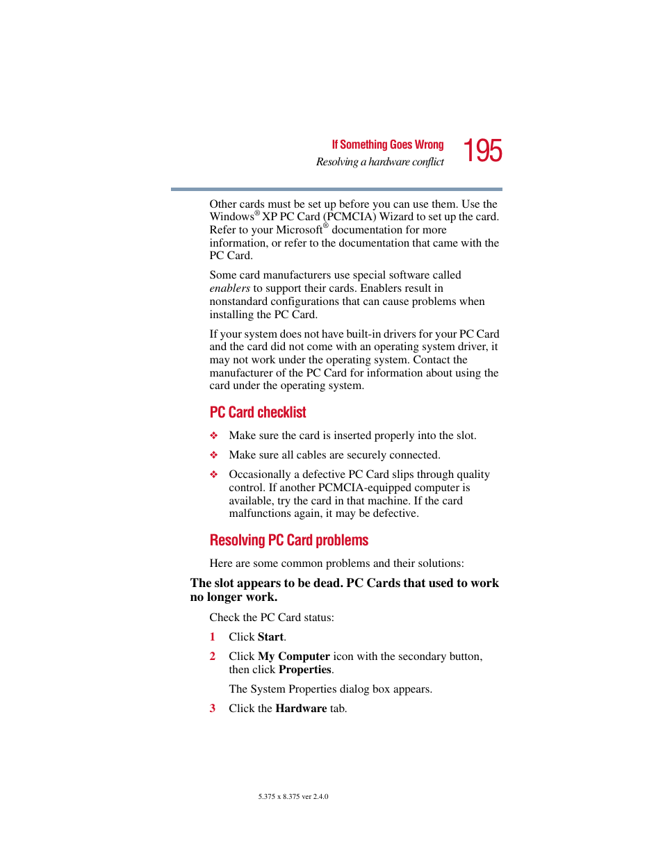 Pc card checklist, Resolving pc card problems | Toshiba PORT User Manual | Page 195 / 243