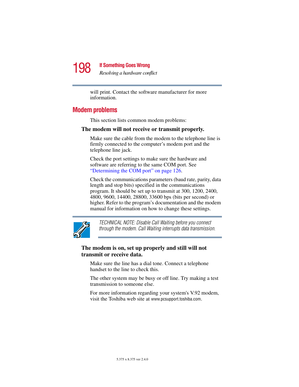 Modem problems | Toshiba PORT User Manual | Page 198 / 243