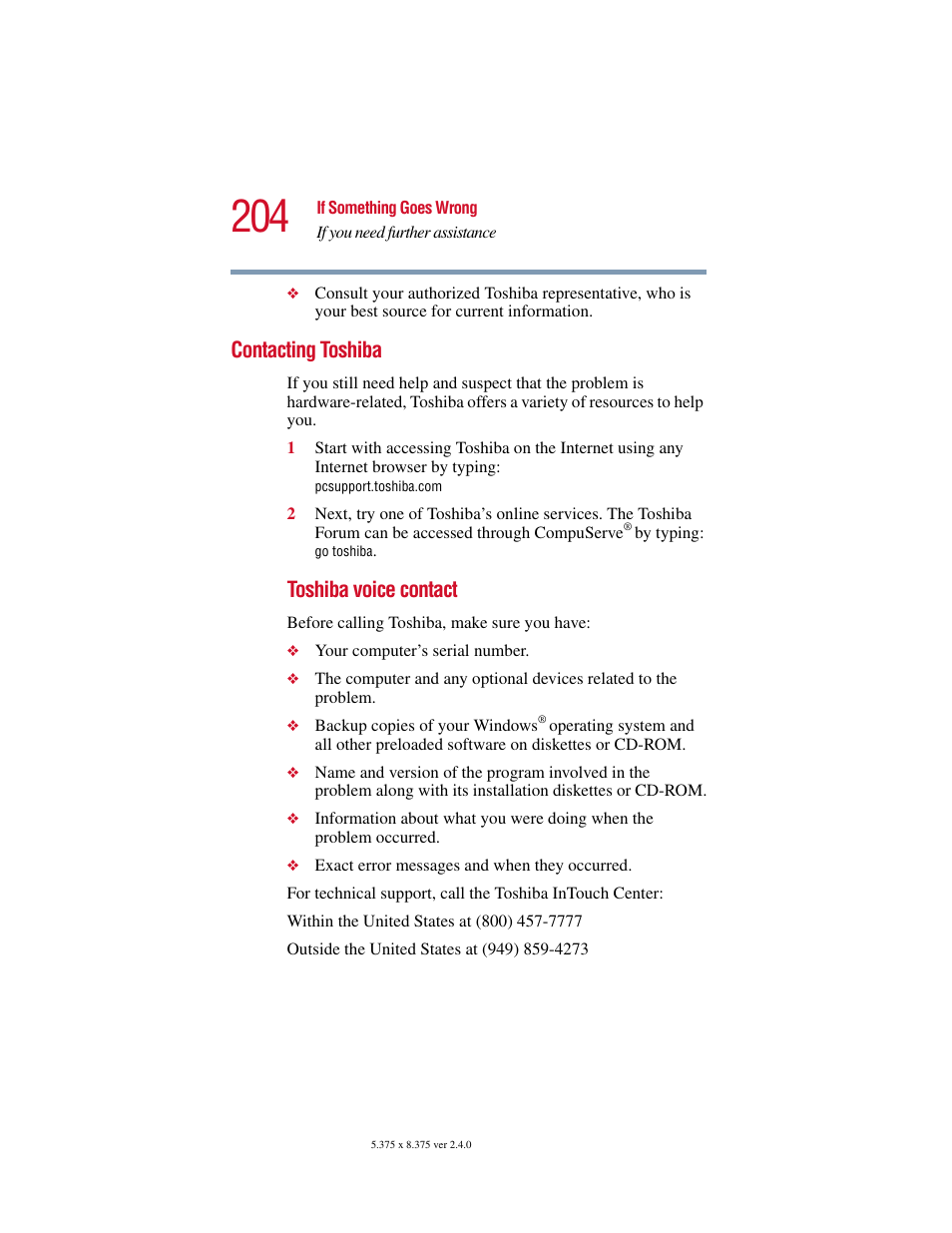 Contacting toshiba, Toshiba voice contact | Toshiba PORT User Manual | Page 204 / 243