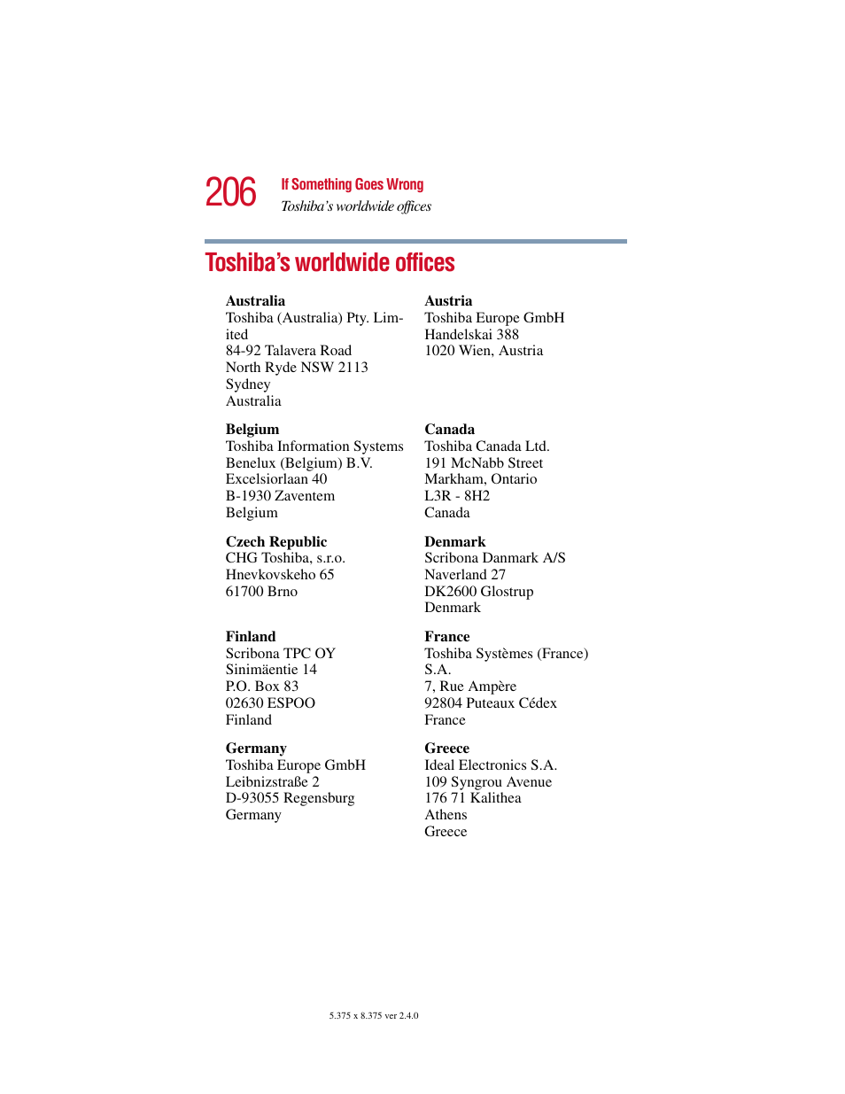 Toshiba’s worldwide offices | Toshiba PORT User Manual | Page 206 / 243