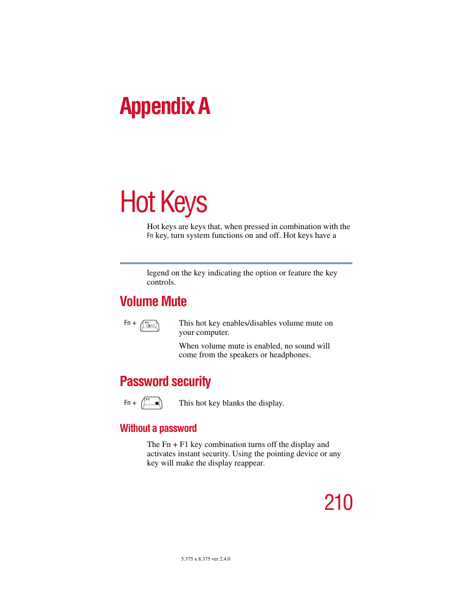 Appendix a - hot keys, Volume mute, Password security | Without a password, Appendix a: hot keys, Volume mute password security, Hot keys, Appendix a | Toshiba PORT User Manual | Page 210 / 243