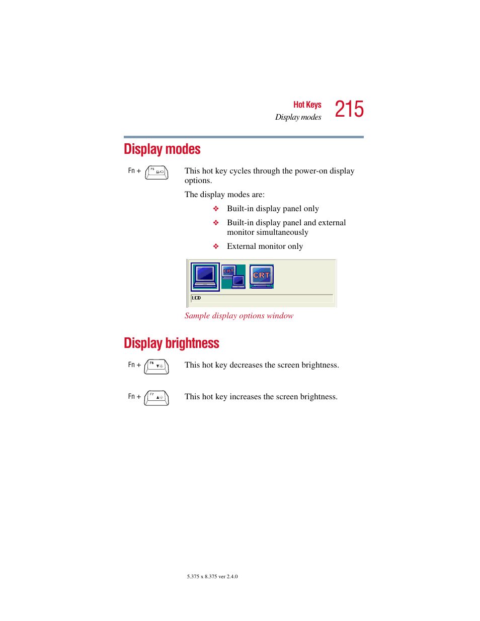 Display modes, Display brightness, Display modes display brightness | Toshiba PORT User Manual | Page 215 / 243