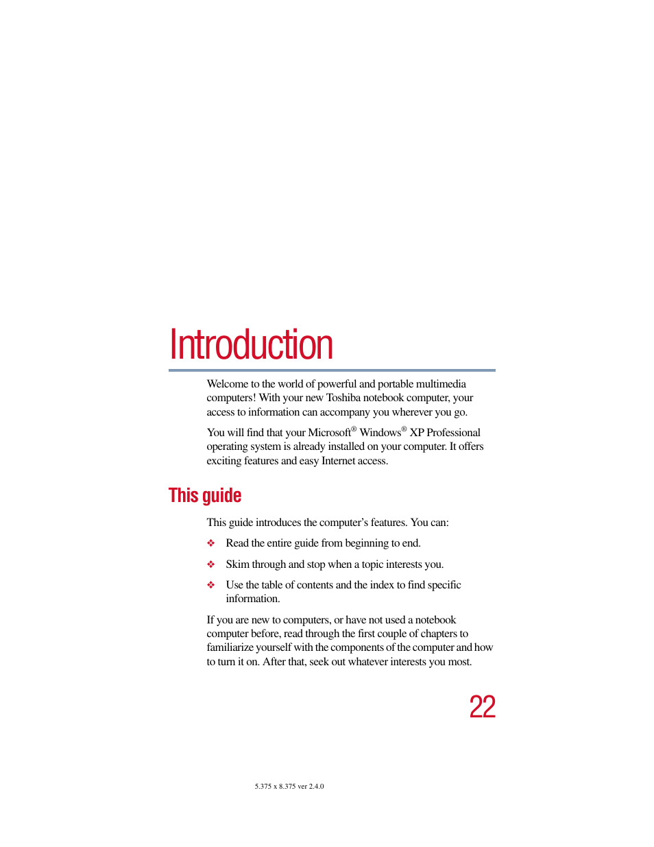 Introduction, This guide | Toshiba PORT User Manual | Page 22 / 243