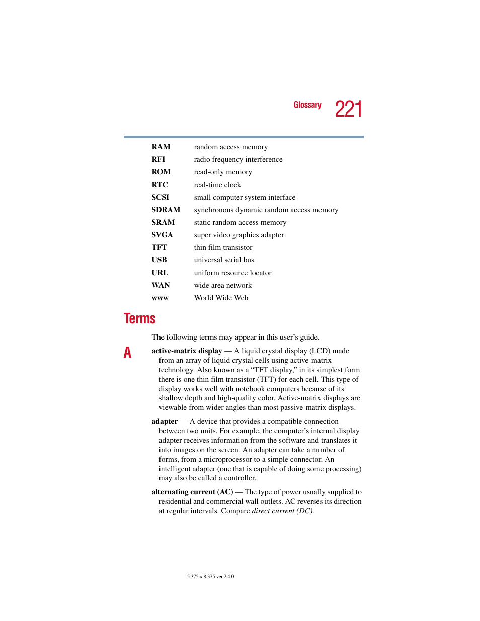 Terms | Toshiba PORT User Manual | Page 221 / 243