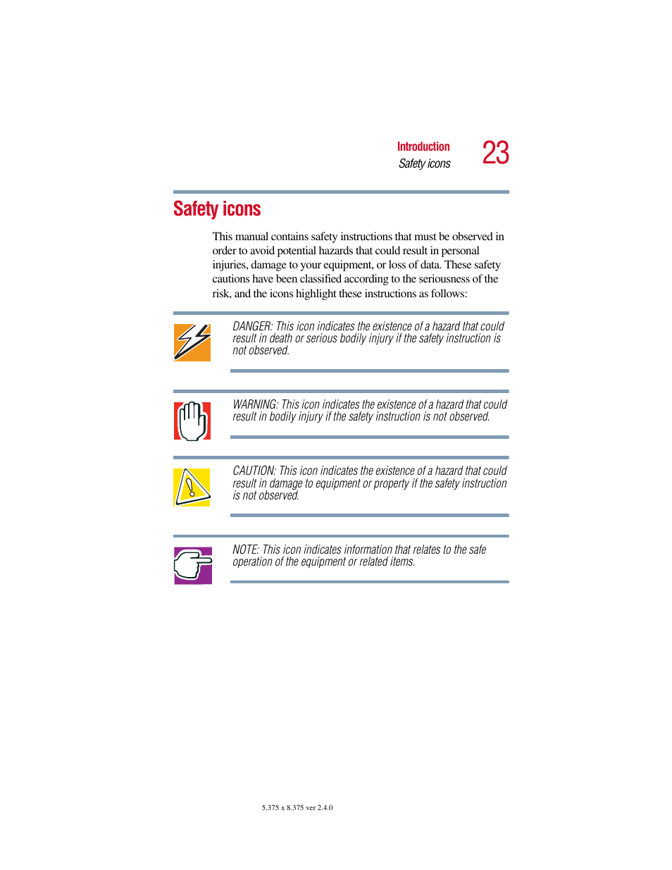 Safety icons | Toshiba PORT User Manual | Page 23 / 243