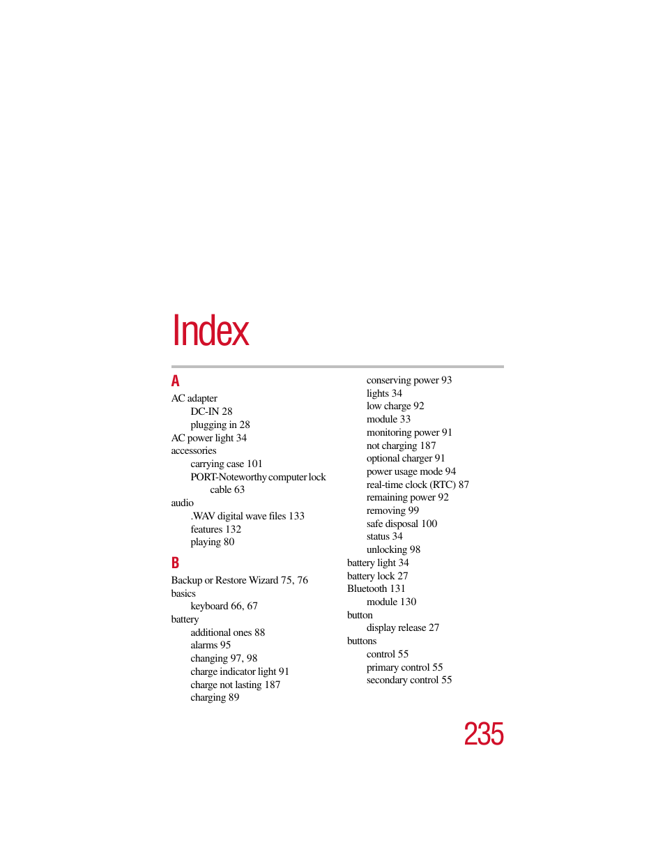 Index | Toshiba PORT User Manual | Page 235 / 243