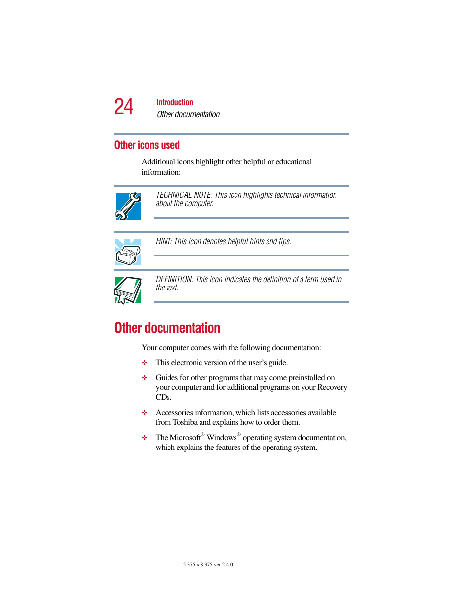 Other icons used, Other documentation | Toshiba PORT User Manual | Page 24 / 243