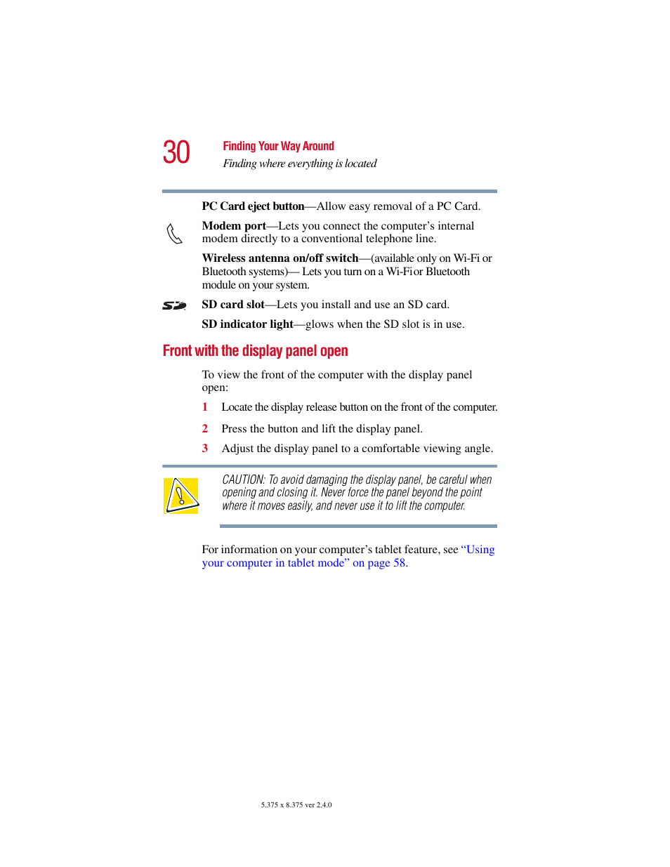 Front with the display panel open | Toshiba PORT User Manual | Page 30 / 243