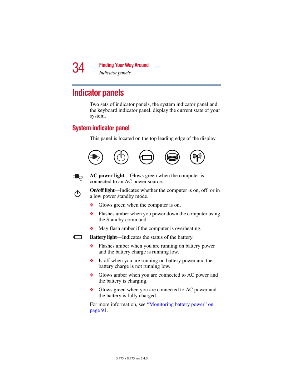 Indicator panels, System indicator panel | Toshiba PORT User Manual | Page 34 / 243