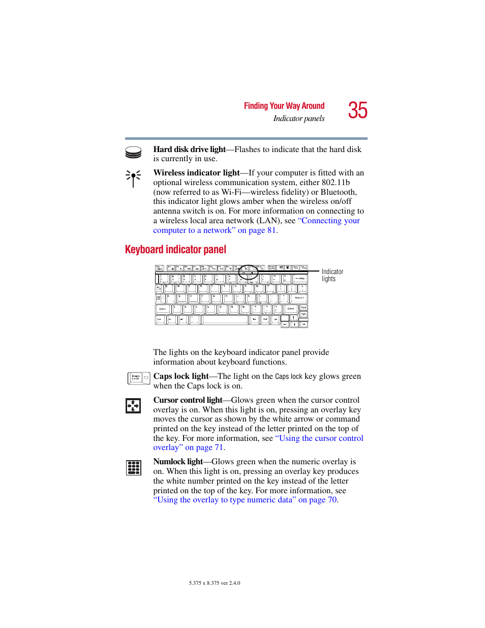 Keyboard indicator panel, Keyboard indicator, For details | Toshiba PORT User Manual | Page 35 / 243