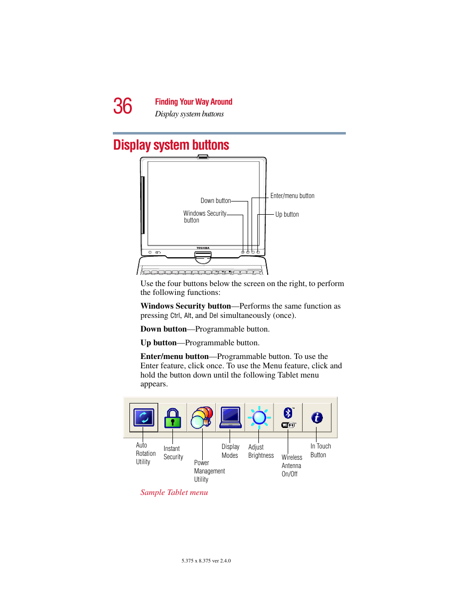 Display system buttons | Toshiba PORT User Manual | Page 36 / 243