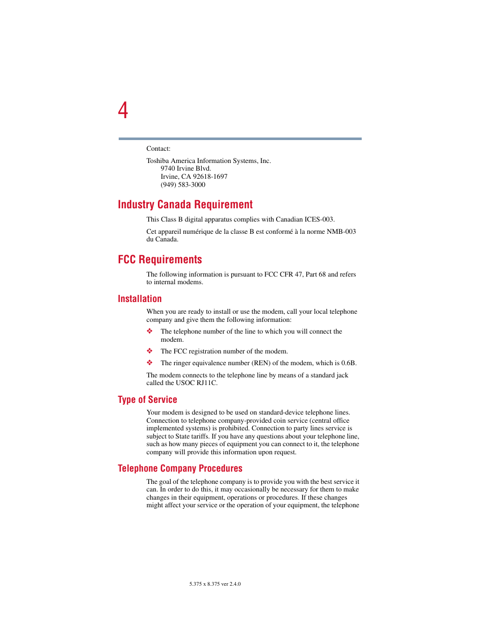 Industry canada requirement, Fcc requirements | Toshiba PORT User Manual | Page 4 / 243