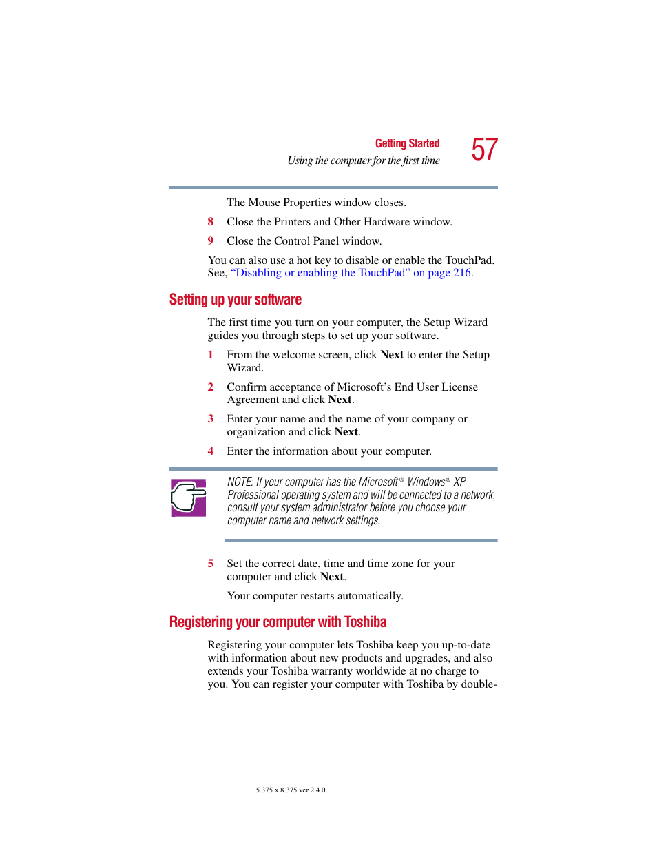 Setting up your software, Registering your computer with toshiba | Toshiba PORT User Manual | Page 57 / 243