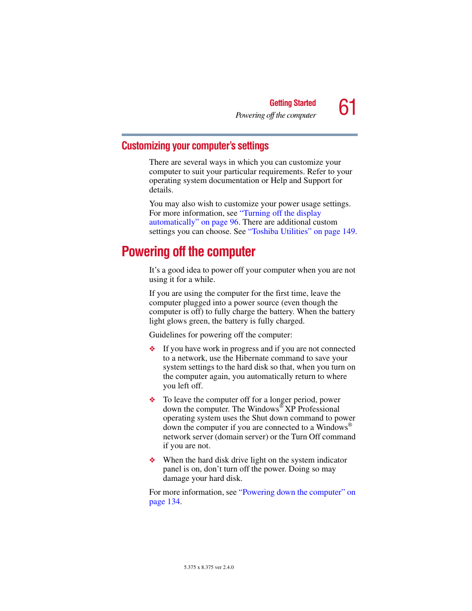 Customizing your computer’s settings, Powering off the computer | Toshiba PORT User Manual | Page 61 / 243
