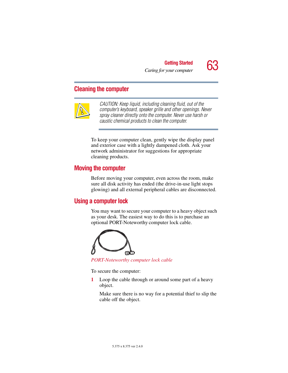 Cleaning the computer, Moving the computer, Using a computer lock | Toshiba PORT User Manual | Page 63 / 243