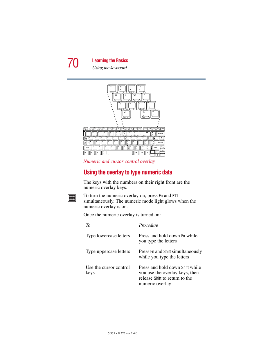 Using the overlay to type numeric data, Learning the basics using the keyboard, Numeric and cursor control overlay | While you use the overlay keys, then release | Toshiba PORT User Manual | Page 70 / 243