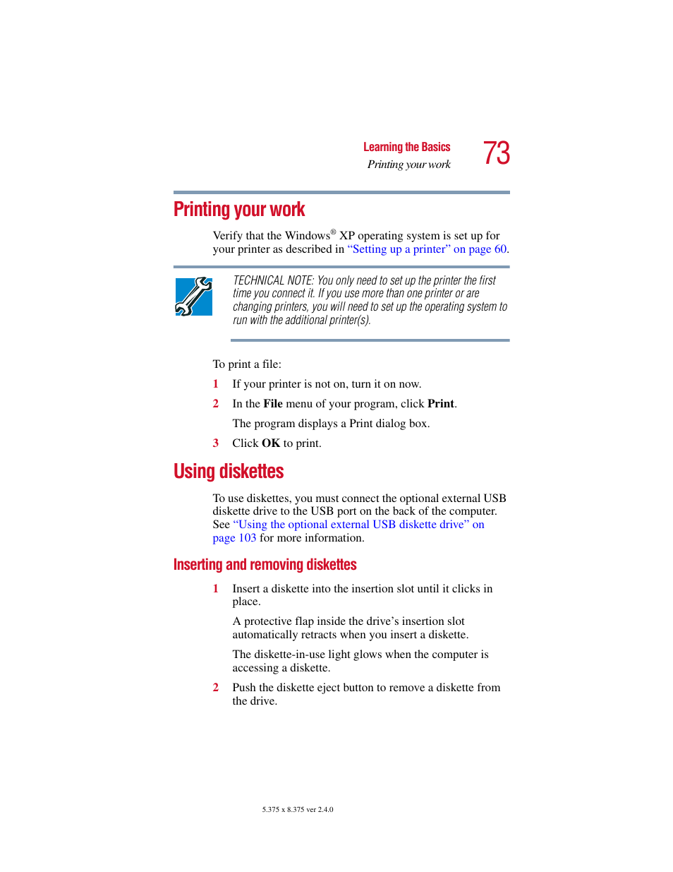 Printing your work, Using diskettes, Inserting and removing diskettes | Printing your work using diskettes | Toshiba PORT User Manual | Page 73 / 243