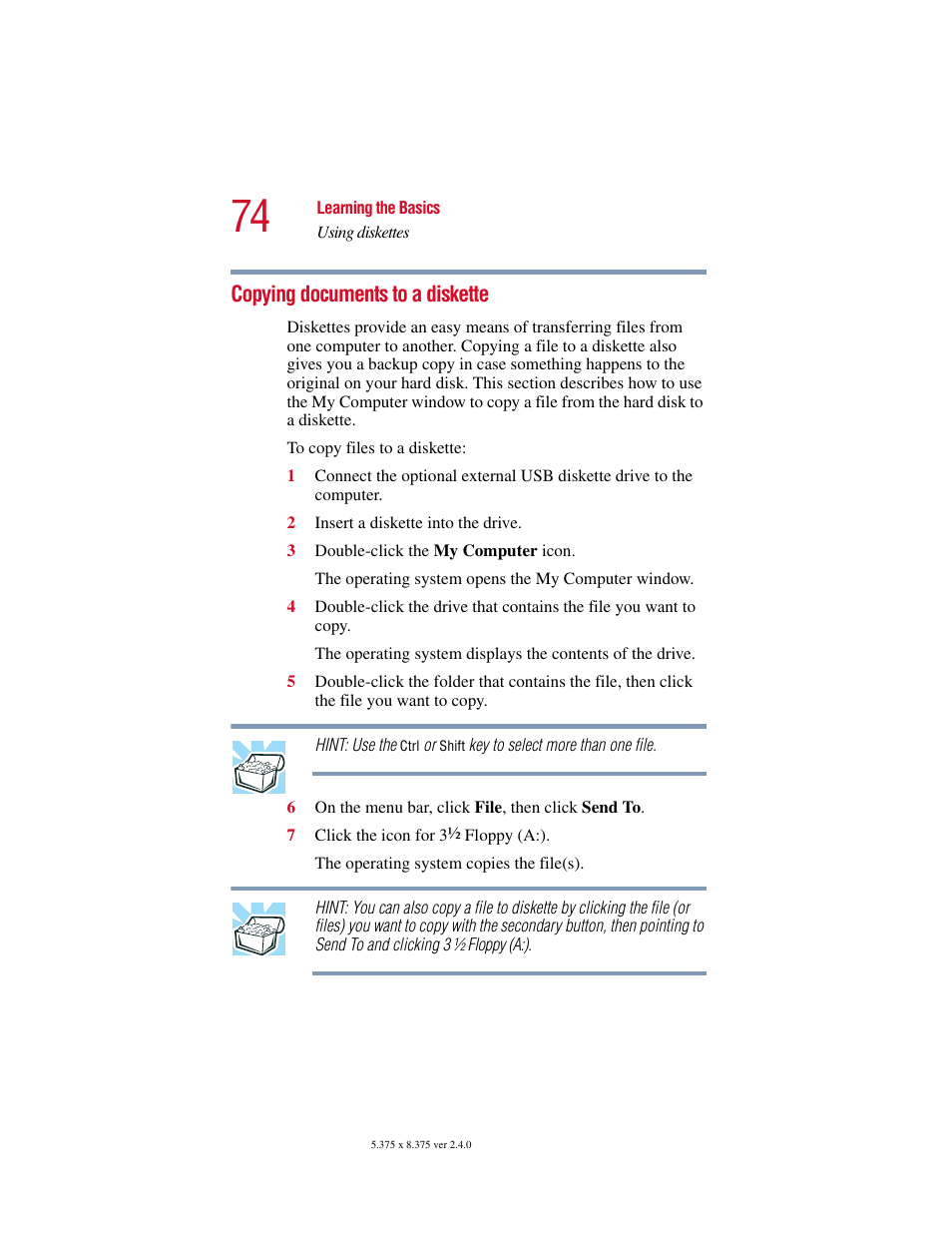 Copying documents to a diskette | Toshiba PORT User Manual | Page 74 / 243