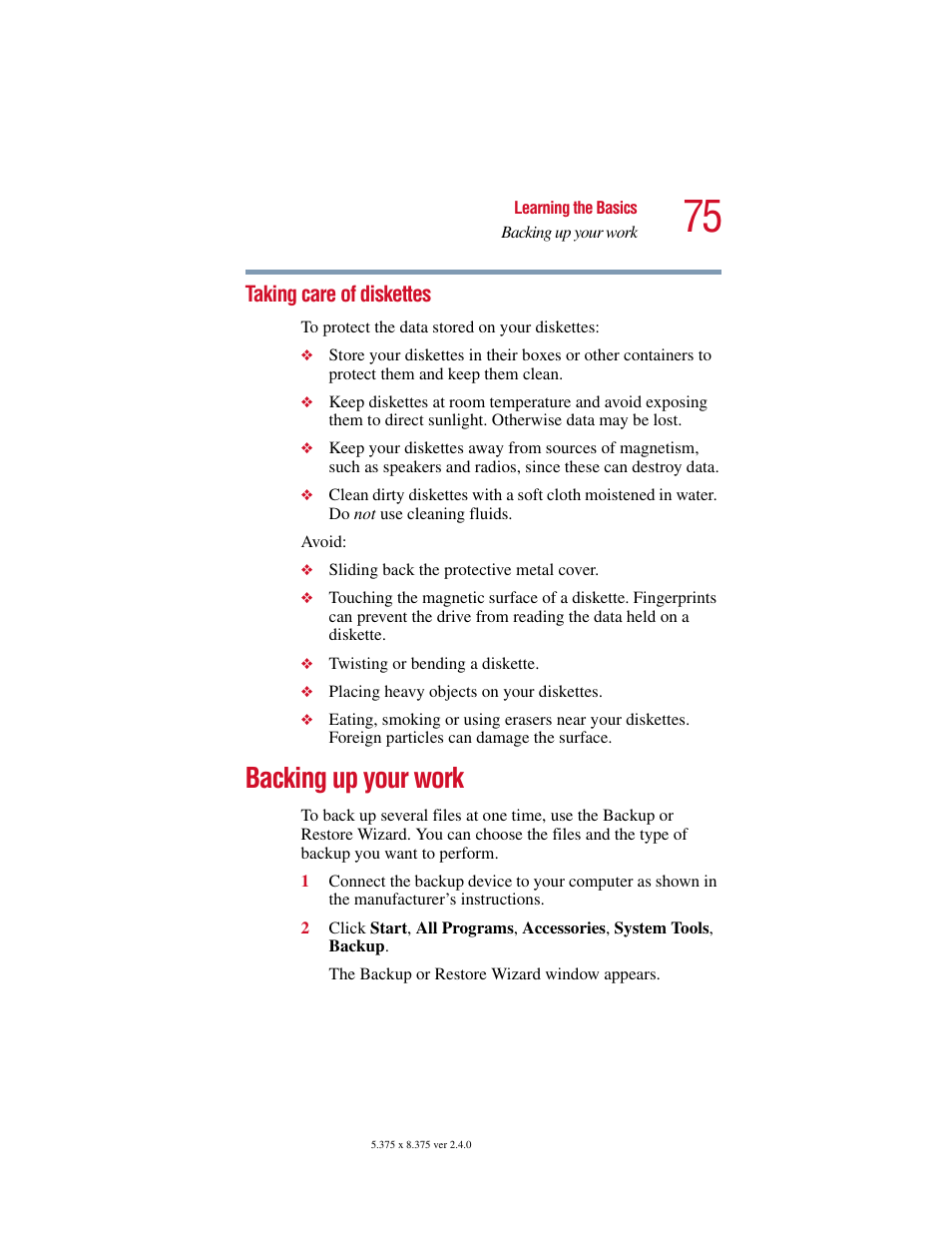 Taking care of diskettes, Backing up your work | Toshiba PORT User Manual | Page 75 / 243