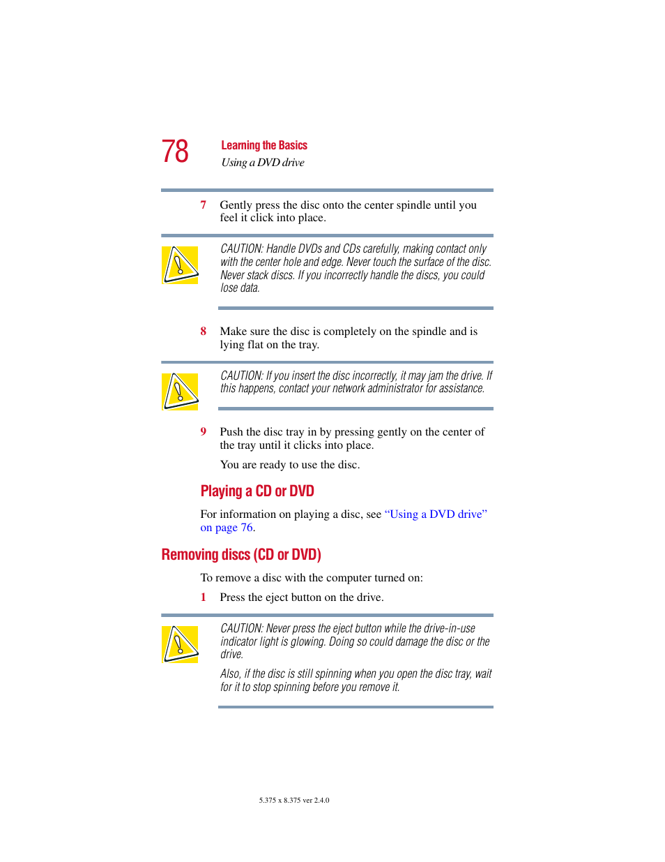 Removing discs (cd or dvd) | Toshiba PORT User Manual | Page 78 / 243