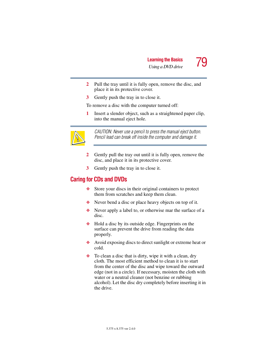 Caring for cds and dvds | Toshiba PORT User Manual | Page 79 / 243