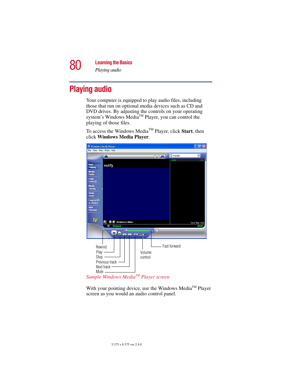 Playing audio | Toshiba PORT User Manual | Page 80 / 243